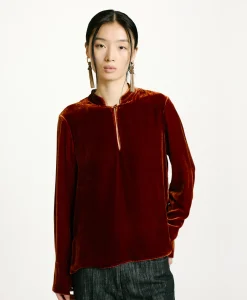 New BLOUSE AISU EN VELOURS MÉLANGE DE SOIE LISSE - Femme Chemises Et Blouses