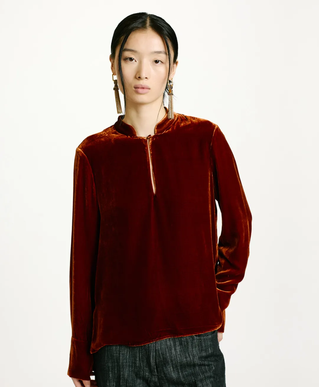 New BLOUSE AISU EN VELOURS MÉLANGE DE SOIE LISSE - Femme Chemises Et Blouses