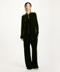 New BLOUSE AISU EN VELOURS MÉLANGE DE SOIE LISSE - VERT MATCHA Femme Chemises Et Blouses