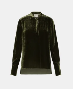 New BLOUSE AISU EN VELOURS MÉLANGE DE SOIE LISSE - VERT MATCHA Femme Chemises Et Blouses