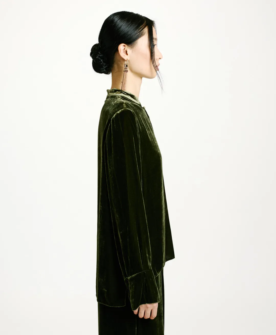 New BLOUSE AISU EN VELOURS MÉLANGE DE SOIE LISSE - VERT MATCHA Femme Chemises Et Blouses