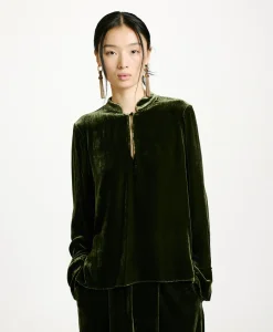 New BLOUSE AISU EN VELOURS MÉLANGE DE SOIE LISSE - VERT MATCHA Femme Chemises Et Blouses