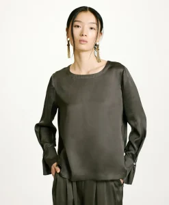 Clearance BLOUSE KENTA EN SOIE LAVÉE - VERT MILITAIRE Femme Chemises Et Blouses