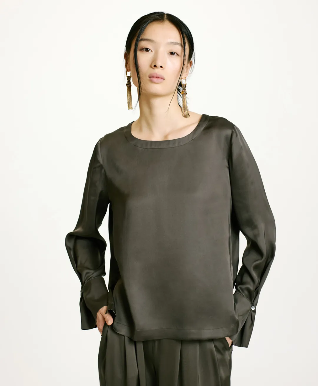 Clearance BLOUSE KENTA EN SOIE LAVÉE - VERT MILITAIRE Femme Chemises Et Blouses