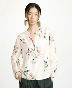 New BLOUSE KOKE EN SERGÉ DE SOIE IMPRIMÉ - CRÈME/ROUGE Femme Chemises Et Blouses