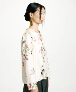 New BLOUSE KOKE EN SERGÉ DE SOIE IMPRIMÉ - CRÈME/ROUGE Femme Chemises Et Blouses