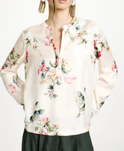 New BLOUSE KOKE EN SERGÉ DE SOIE IMPRIMÉ - CRÈME/ROUGE Femme Chemises Et Blouses