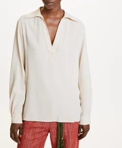 Outlet BLOUSE SUE EN ACÉTATE/SOIE UNI - CRÈME Femme Chemises Et Blouses