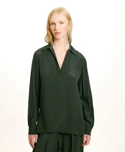 Outlet BLOUSE SUE EN ACÉTATE/SOIE UNI - FORÊT Femme Chemises Et Blouses