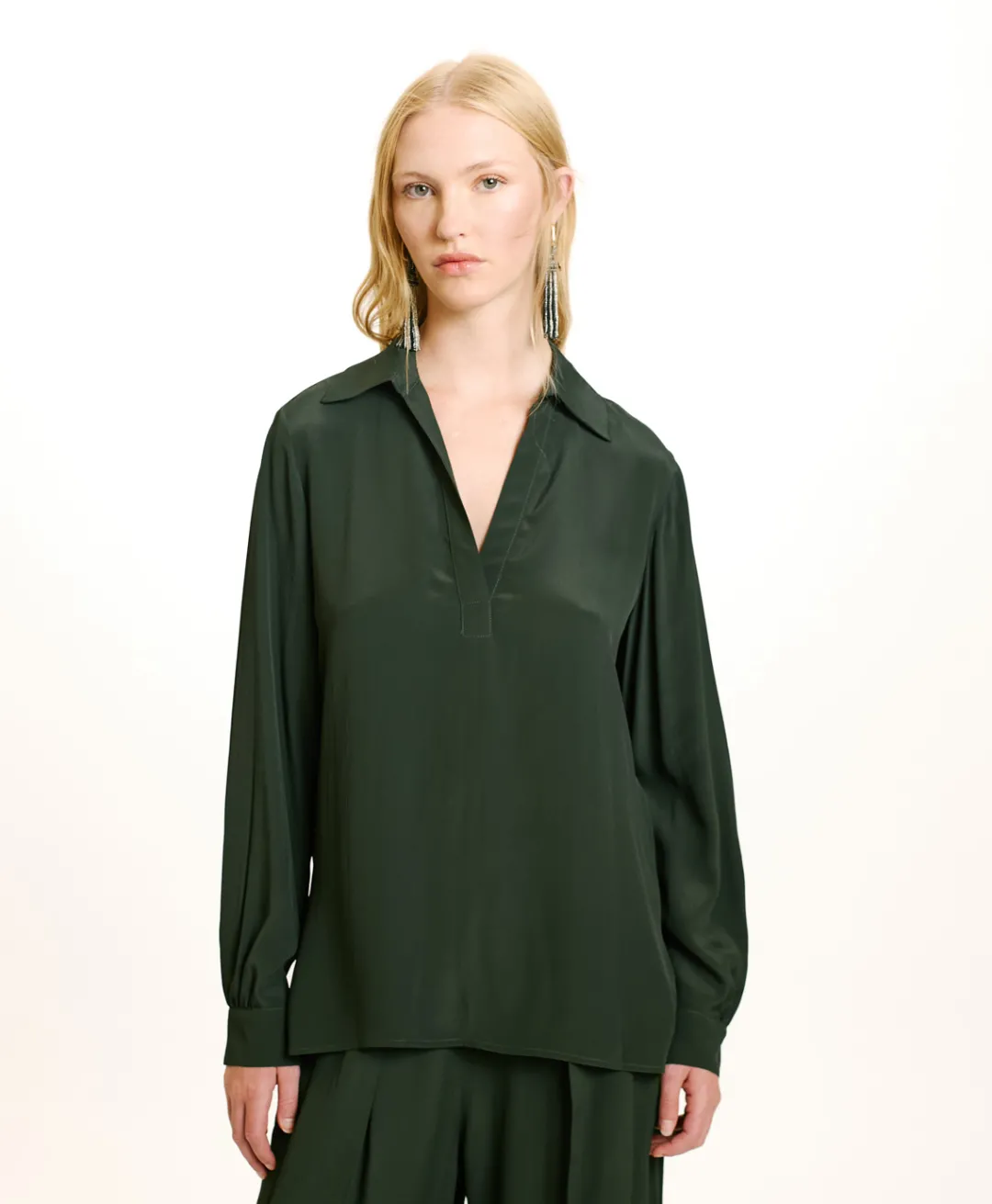 Outlet BLOUSE SUE EN ACÉTATE/SOIE UNI - FORÊT Femme Chemises Et Blouses