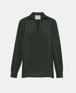 Outlet BLOUSE SUE EN ACÉTATE/SOIE UNI - FORÊT Femme Chemises Et Blouses