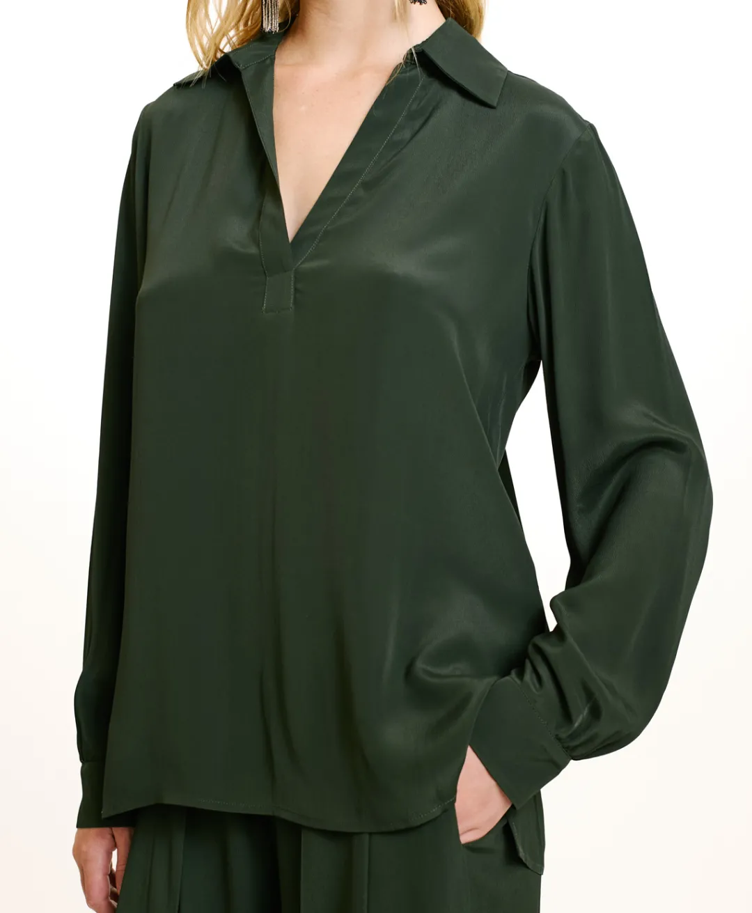 Outlet BLOUSE SUE EN ACÉTATE/SOIE UNI - FORÊT Femme Chemises Et Blouses