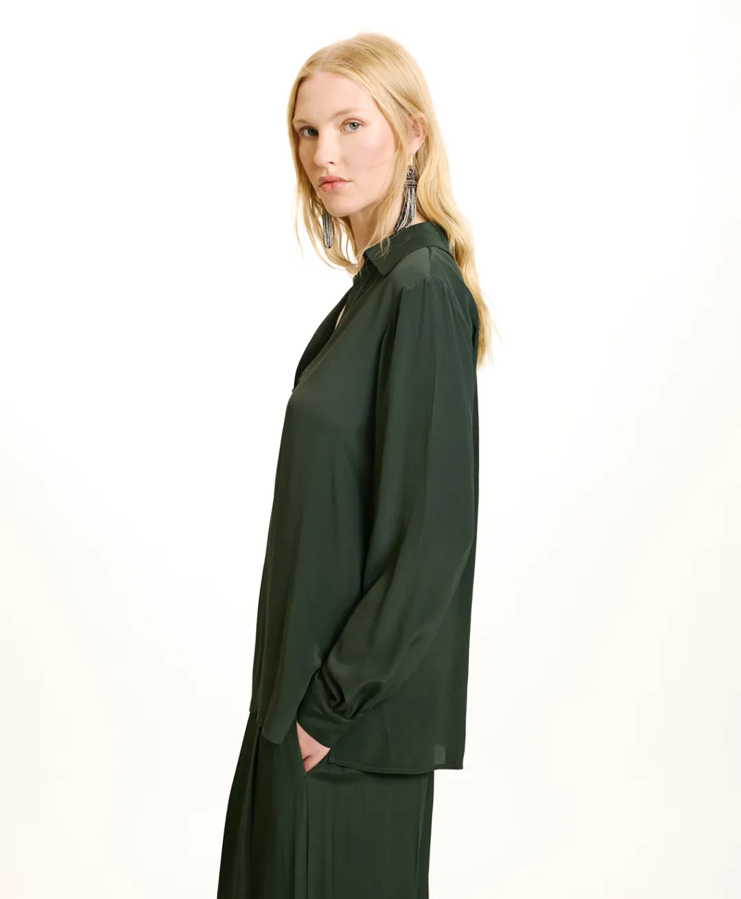 Outlet BLOUSE SUE EN ACÉTATE/SOIE UNI - FORÊT Femme Chemises Et Blouses