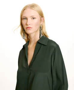Outlet BLOUSE SUE EN ACÉTATE/SOIE UNI - FORÊT Femme Chemises Et Blouses