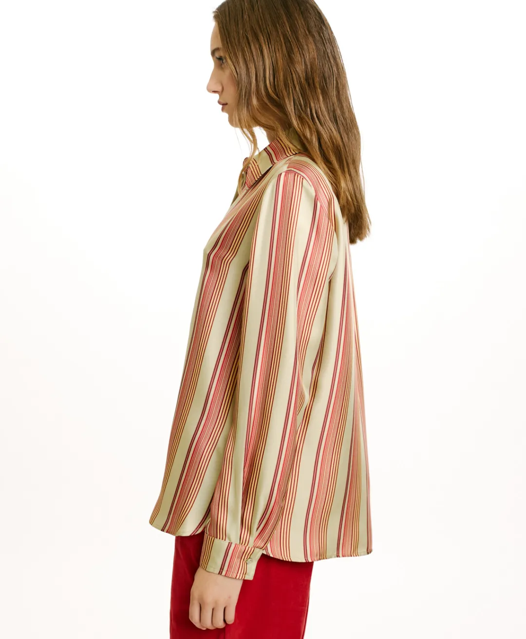 New CHEMISIER ARLES EN SERGÉ DE SOIE IMPRIMÉ - VERT AQUA/ROUGE Femme Chemises Et Blouses