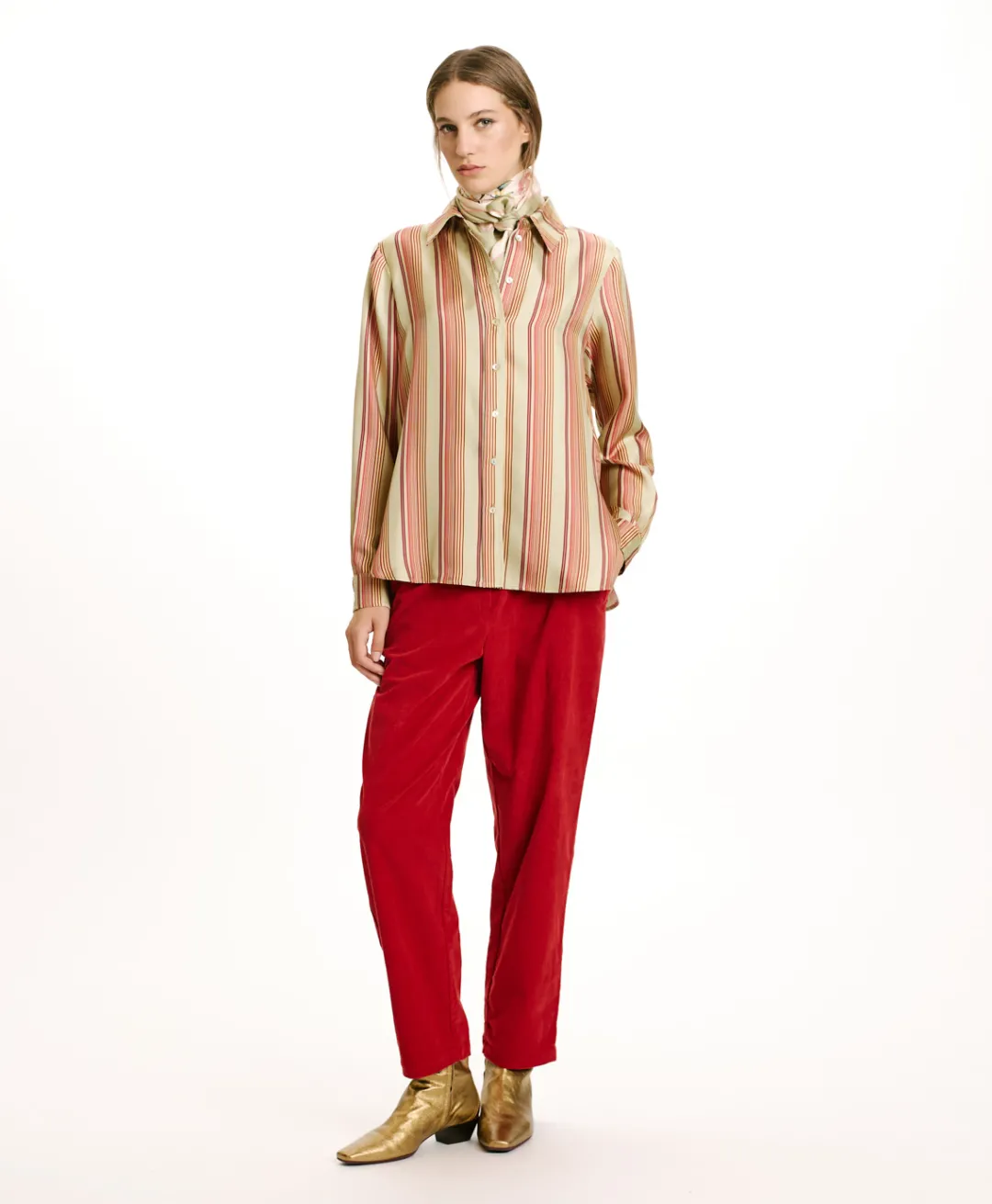 New CHEMISIER ARLES EN SERGÉ DE SOIE IMPRIMÉ - VERT AQUA/ROUGE Femme Chemises Et Blouses