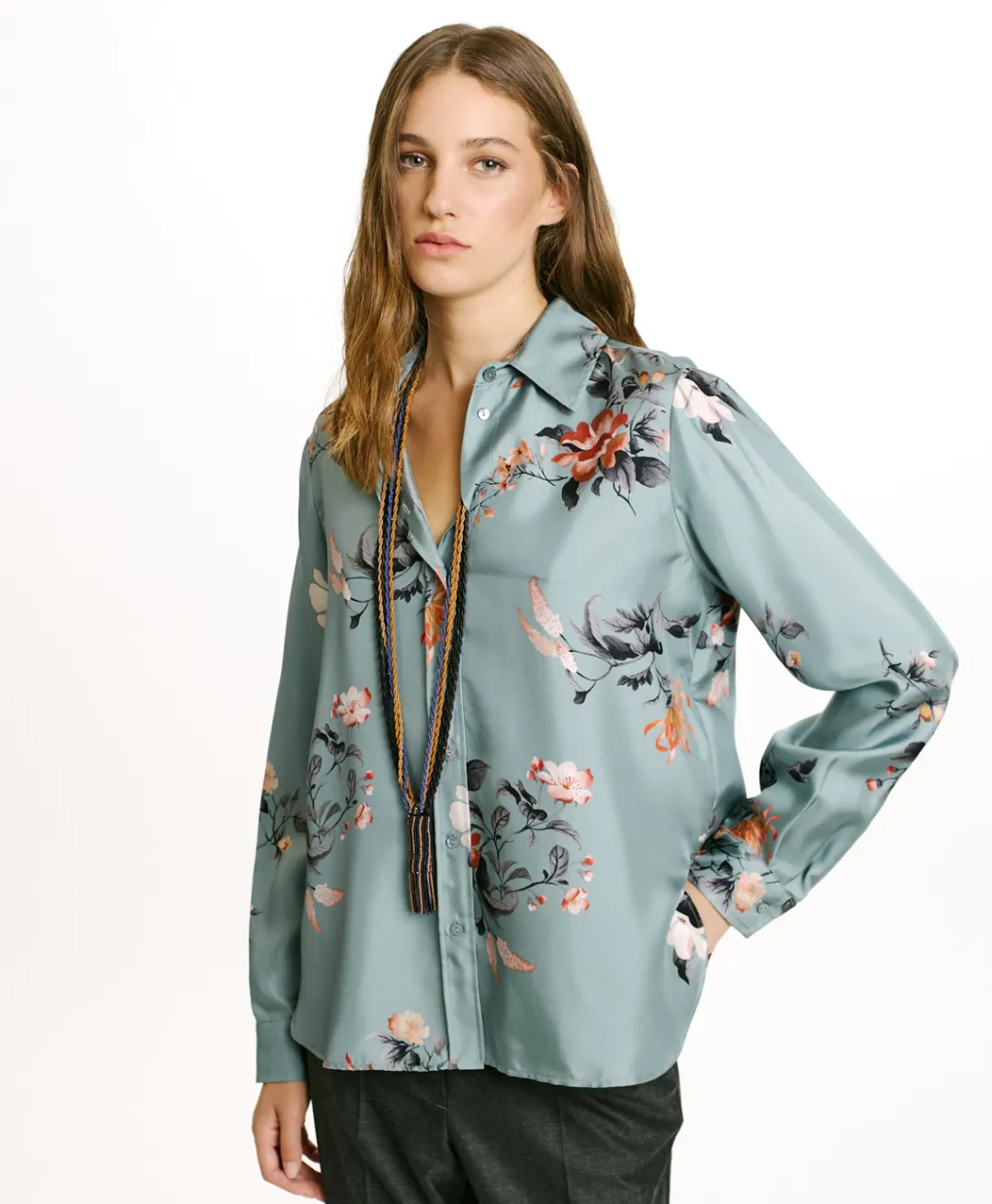 New CHEMISIER ARLES EN SERGÉ DE SOIE IMPRIMÉ - BLEU CLAIR/TABAC Femme Chemises Et Blouses