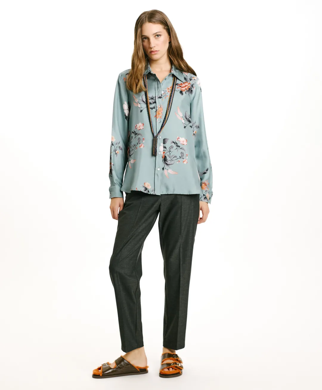New CHEMISIER ARLES EN SERGÉ DE SOIE IMPRIMÉ - BLEU CLAIR/TABAC Femme Chemises Et Blouses