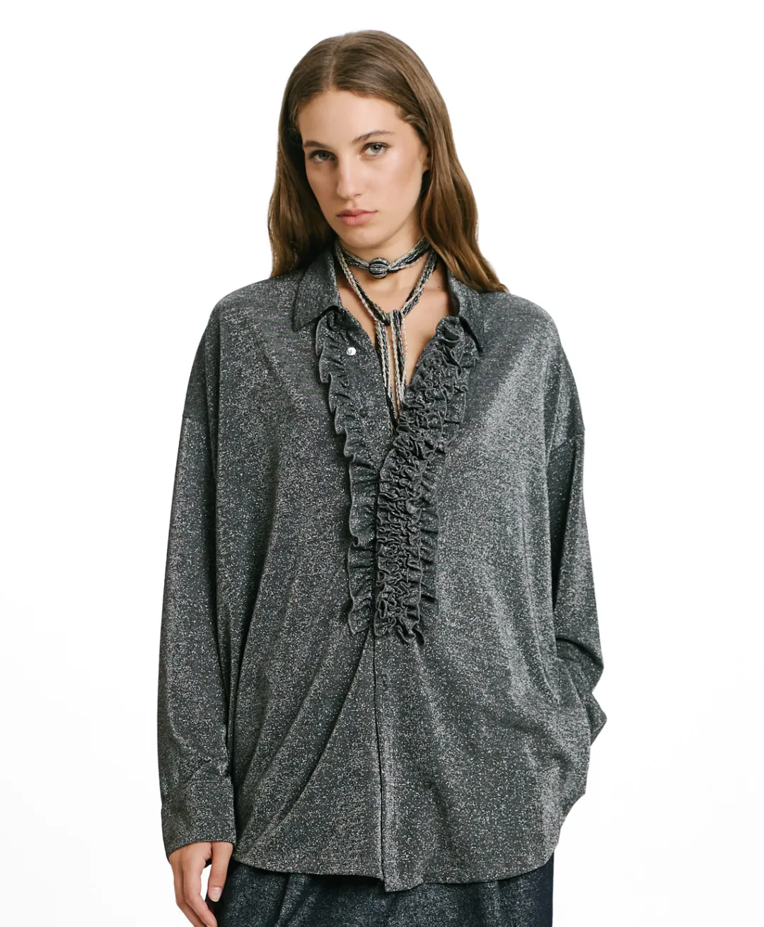 Clearance CHEMISIER BILANCIA EN JERSEY LUREX - GRIS FONCÉ Femme Chemises Et Blouses