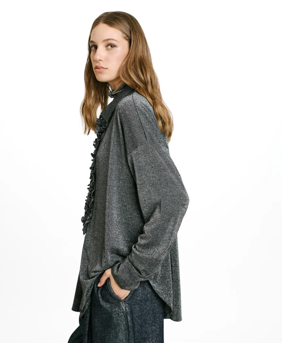 Clearance CHEMISIER BILANCIA EN JERSEY LUREX - GRIS FONCÉ Femme Chemises Et Blouses