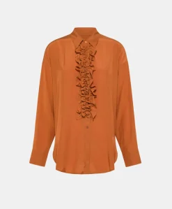 Discount CHEMISIER BILANCIA EN RAYONNE LÉGÈRE UNIE - ORANGE ÉRABLE Femme Chemises Et Blouses