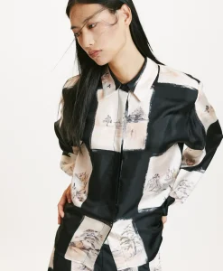Clearance CHEMISIER ICHIGO EN SERGÉ DE SOIE IMPRIMÉ - MULTICOLORE NOIR Femme Chemises Et Blouses