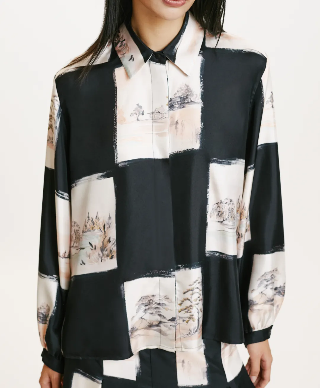 Clearance CHEMISIER ICHIGO EN SERGÉ DE SOIE IMPRIMÉ - MULTICOLORE NOIR Femme Chemises Et Blouses