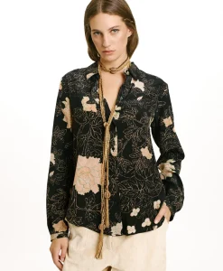 Sale CHEMISIER MEUDON EN CRÊPE DE CHINE IMPRIMÉ - NOIR/ROSE POUDRÉ Femme Chemises Et Blouses