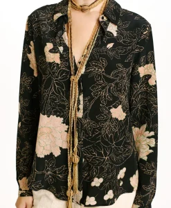 Sale CHEMISIER MEUDON EN CRÊPE DE CHINE IMPRIMÉ - NOIR/ROSE POUDRÉ Femme Chemises Et Blouses
