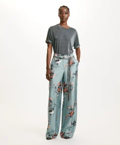 Sale PANTALON SANSEI EN SERGÉ DE SOIE IMPRIMÉ - BLEU CLAIR/TABAC Femme Pantalons