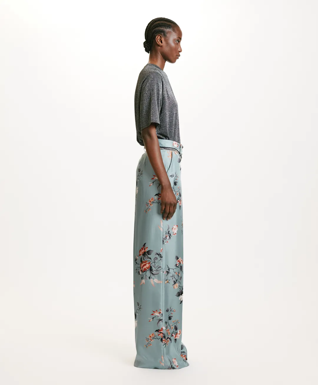 Sale PANTALON SANSEI EN SERGÉ DE SOIE IMPRIMÉ - BLEU CLAIR/TABAC Femme Pantalons
