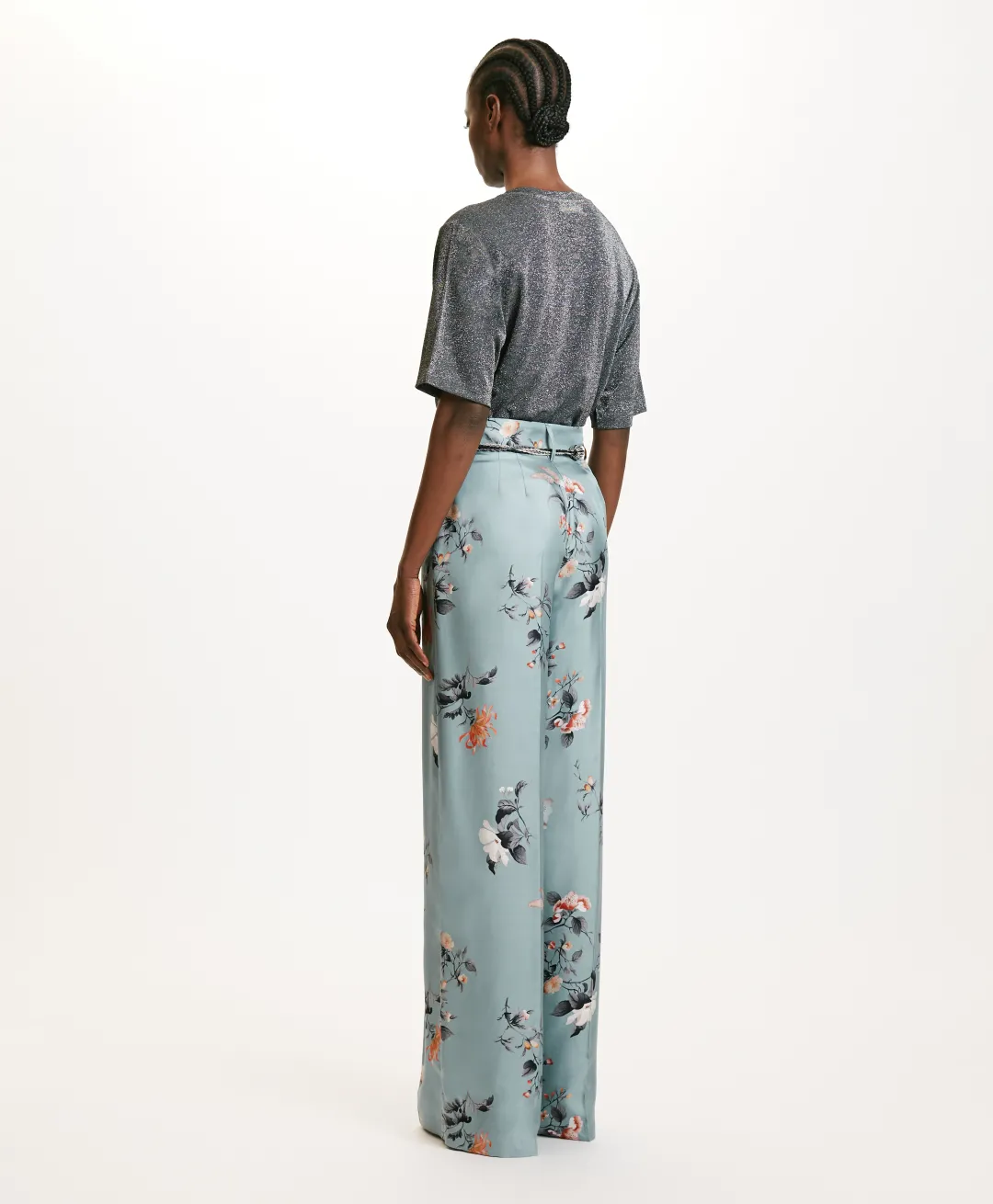 Sale PANTALON SANSEI EN SERGÉ DE SOIE IMPRIMÉ - BLEU CLAIR/TABAC Femme Pantalons