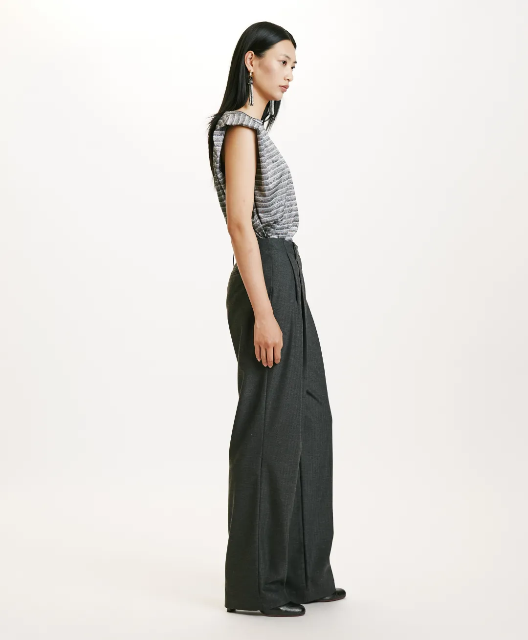 PANTALON SORAI EN CHEVRON VISCOSE LAINE STRETCH - GRIS CHARBON Femme Pantalons