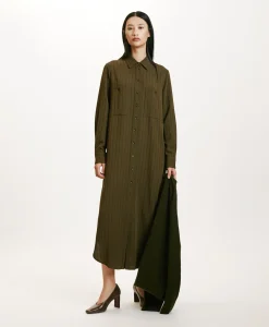 ROBE HANA EN SERGÉ DE LAINE RAYÉ - VERT MILITAIRE Femme Robes