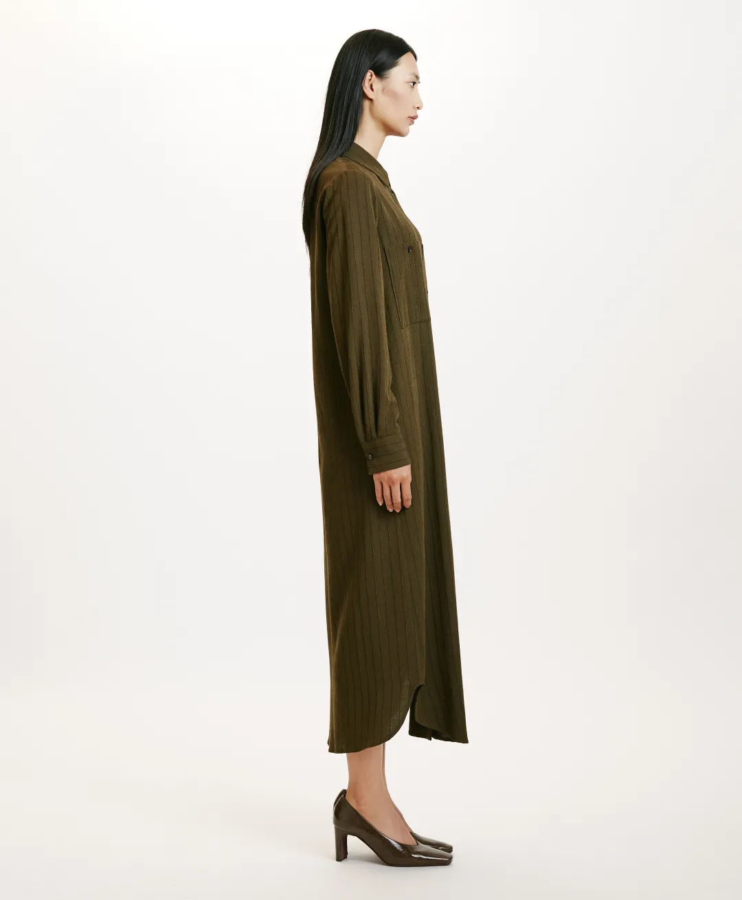 ROBE HANA EN SERGÉ DE LAINE RAYÉ - VERT MILITAIRE Femme Robes