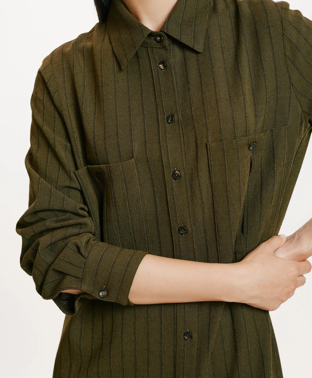 ROBE HANA EN SERGÉ DE LAINE RAYÉ - VERT MILITAIRE Femme Robes