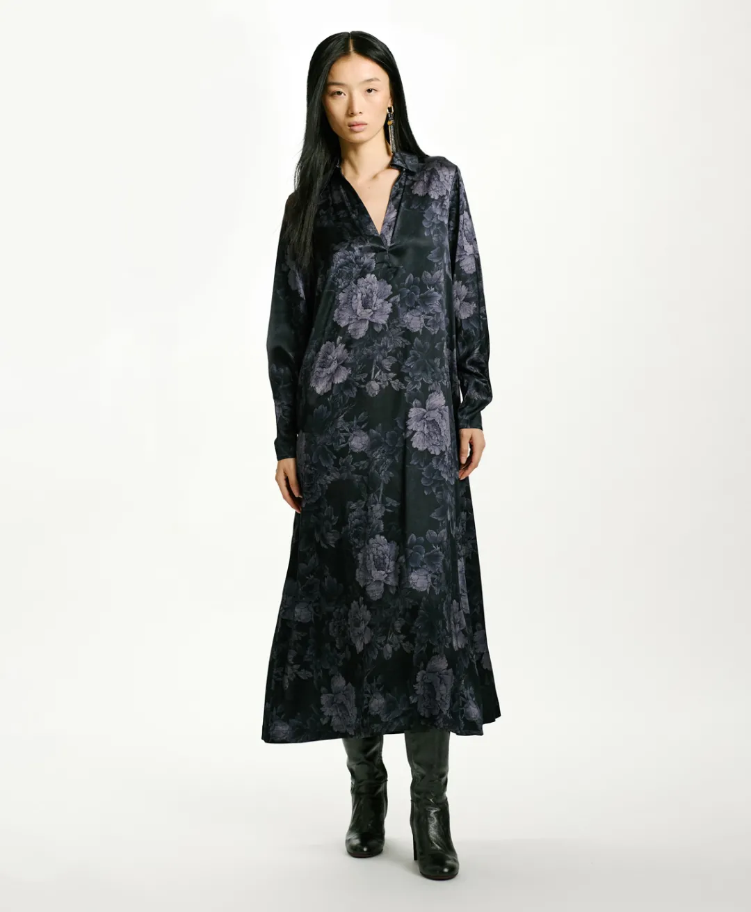 ROBE KIKYO EN SATIN STRETCH IMPRIMÉ - BLEU/BLEU NUIT Femme Robes
