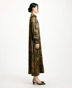 Discount ROBE KIKYO EN SATIN STRETCH IMPRIMÉ - NOIR/OLIVE Femme Robes