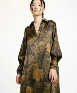 Discount ROBE KIKYO EN SATIN STRETCH IMPRIMÉ - NOIR/OLIVE Femme Robes