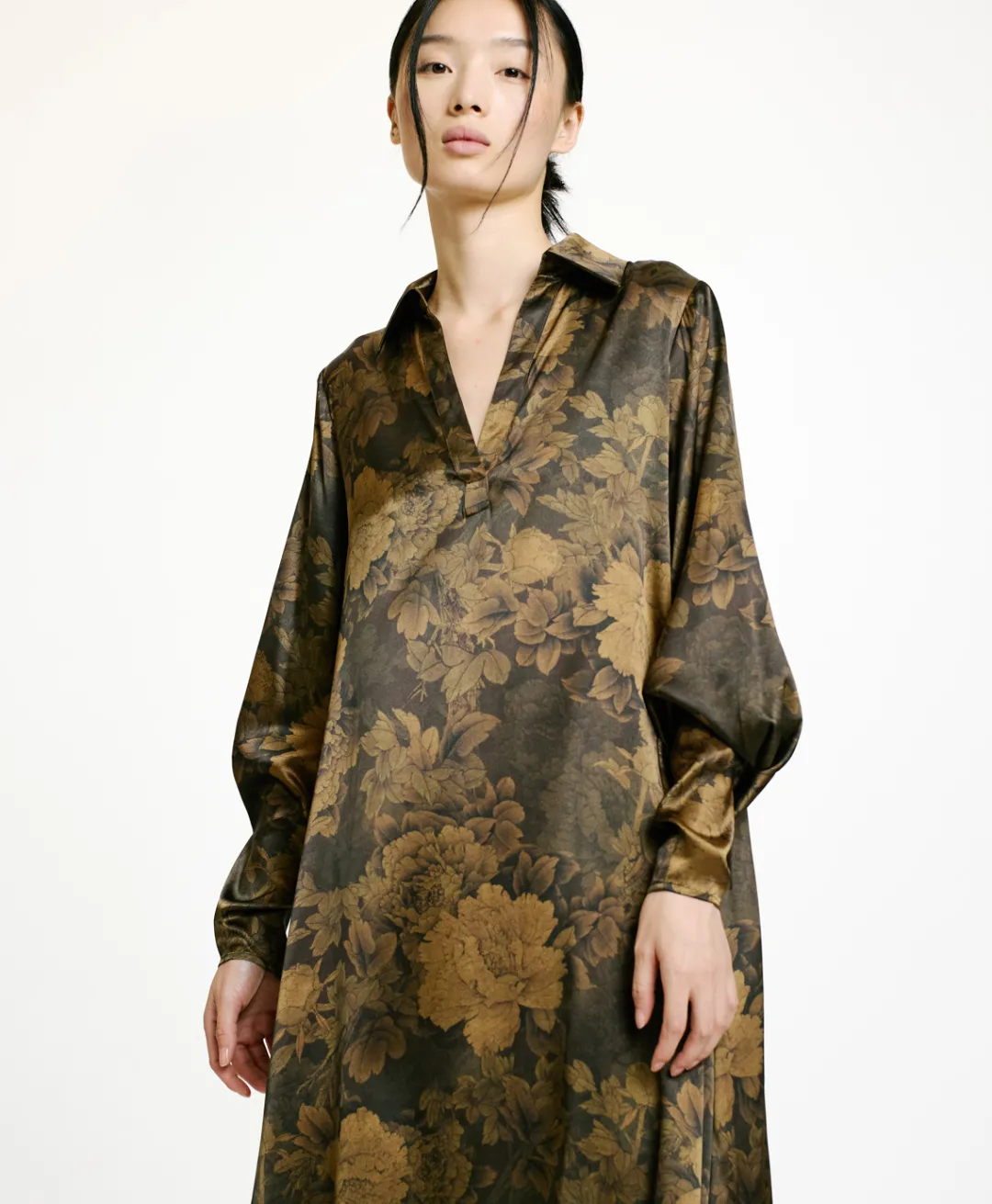 Discount ROBE KIKYO EN SATIN STRETCH IMPRIMÉ - NOIR/OLIVE Femme Robes