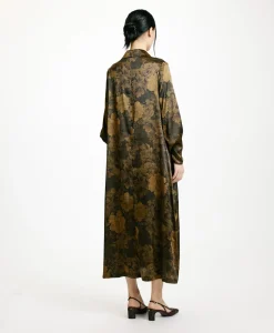 Discount ROBE KIKYO EN SATIN STRETCH IMPRIMÉ - NOIR/OLIVE Femme Robes