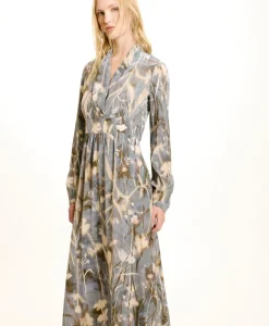 New ROBE SUITA EN CRÊPE DE CHINE IMPRIMÉ - BLEU POUSSIÉREUX/CRÈME Femme Robes