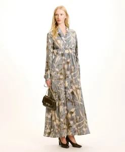 New ROBE SUITA EN CRÊPE DE CHINE IMPRIMÉ - BLEU POUSSIÉREUX/CRÈME Femme Robes