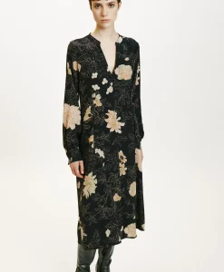 Clearance ROBE WANI EN CRÊPE DE CHINE IMPRIMÉ - NOIR/ROSE POUDRÉ Femme Robes
