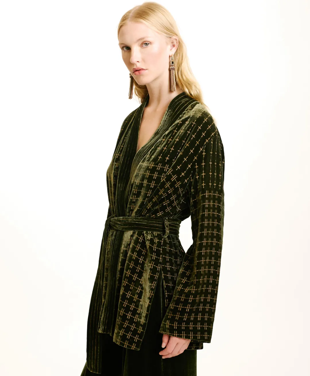 Online VESTE EUGENIE EN VELOURS MÉLANGE DE SOIE BRODÉ - VERT MATCHA Femme Vestes
