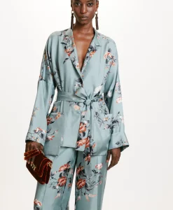 Outlet VESTE JAPONIKA EN SERGÉ DE SOIE IMPRIMÉ - BLEU CLAIR/TABAC Femme Vestes
